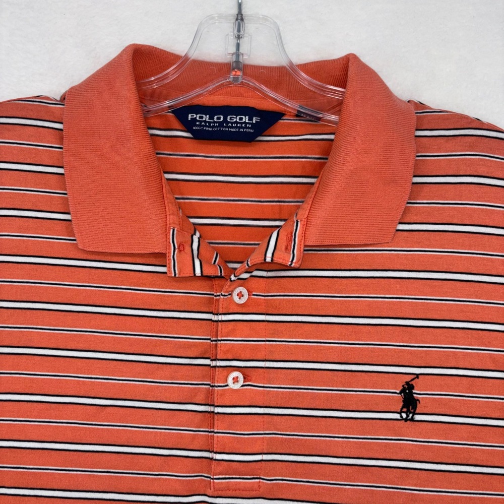 Polo Golf Ralph Lauren Mens Large Orange Striped Pima Cotton Bellerive CC shirt